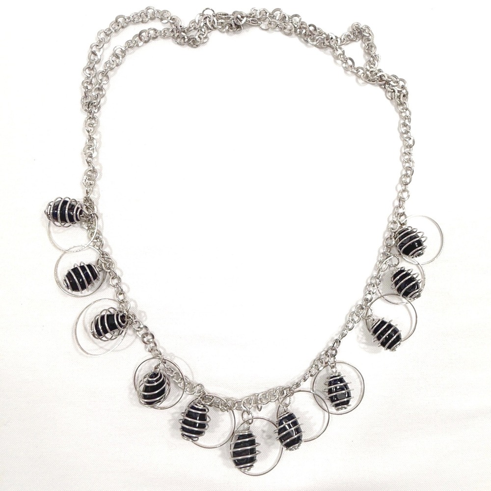 Spiral Cage Bead Charm Necklace Silver Tone Black Statement Edgy Unique Jewelry